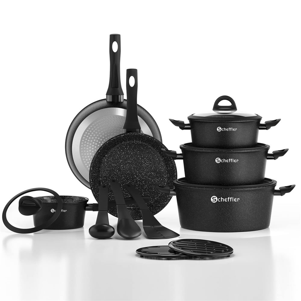 Scheffler Topfset Pfannenset 15tlg, Antihaftbeschichtung Induktions Töpfe Set Non-Toxic Alu Kochtopf Set PFOA frei für Induktion alle Herde Schwarz，HL-21PS102