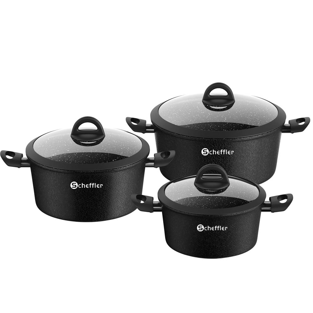 Scheffler Saucepan Set, Induction Pots Set of 6, Non-Stick Coated Pots, Cooking Pot Set with Glass Lid, Dishwasher Safe Black,HL-21PS62
