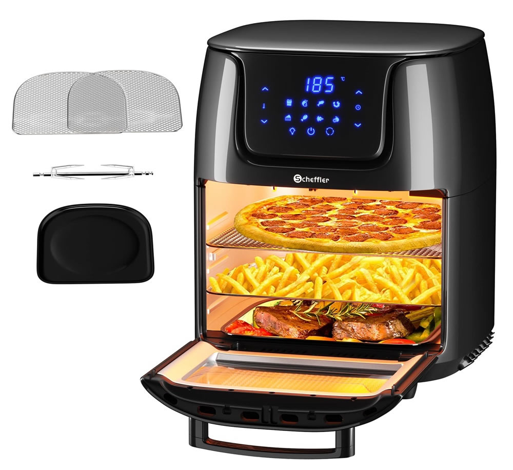 Scheffler Heißluftfritteuse 12L XXL, 8-in-1 Airfryer mit Sichtfenster, Heissluftfriteuse mit One-Touch-Bedienung, 8 Programmen, Drehgrill in einem, Racks & Abnehmbares Tablett，LQ6501B