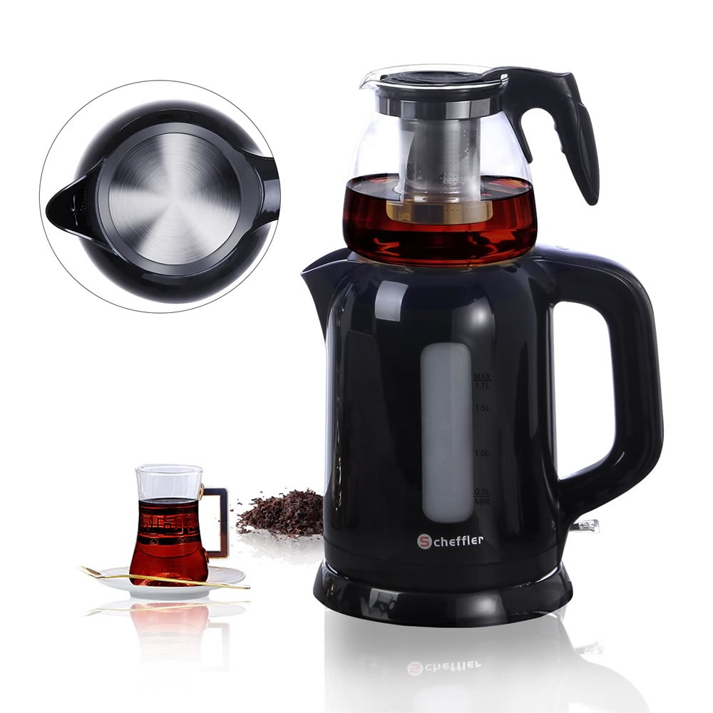 Türkische Teekanne,Scheffler elektrischer Teekocher, 1.7L Wasserkocher,0.9L Teekocher Glas, Teemaschine, Caymatik,Tea Maker mit Teesieb Abschaltautomatik und Warmhaltefunktion,1800W, A-901