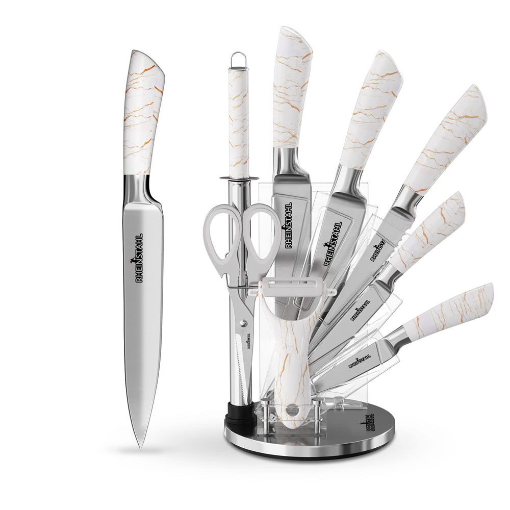 RHEINSTAHL Messerblock mit Messer, 9-tlg Messer Set mit Acrylblockhalter, Scharf Edelstahl Küchenmesser, Kochmesser Set mit Manuellem Anspitzer Schälschere, Grau