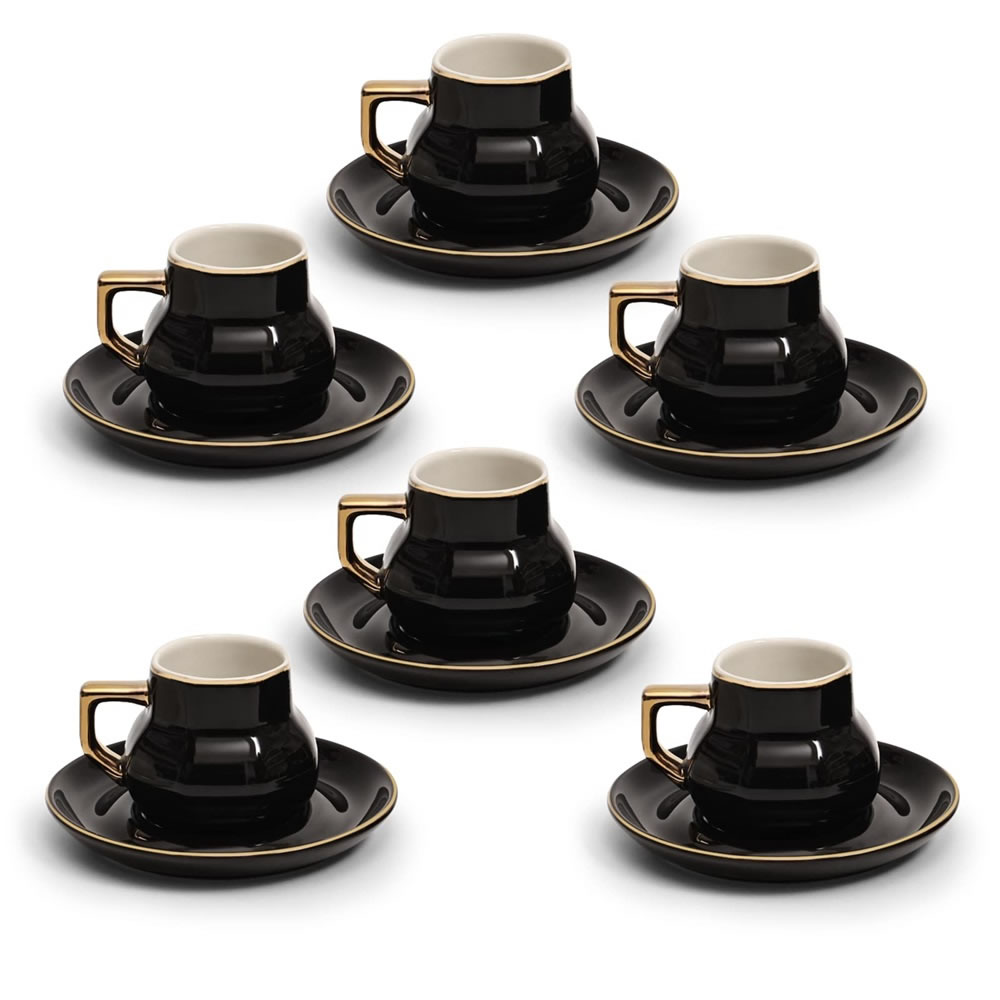 LB Espressotassen Set mit Untertassen, Kaffeetassen für 6 Personen aus Porzella, 12 teiliges Dickwandige tassen, 100 ml, Schwarz