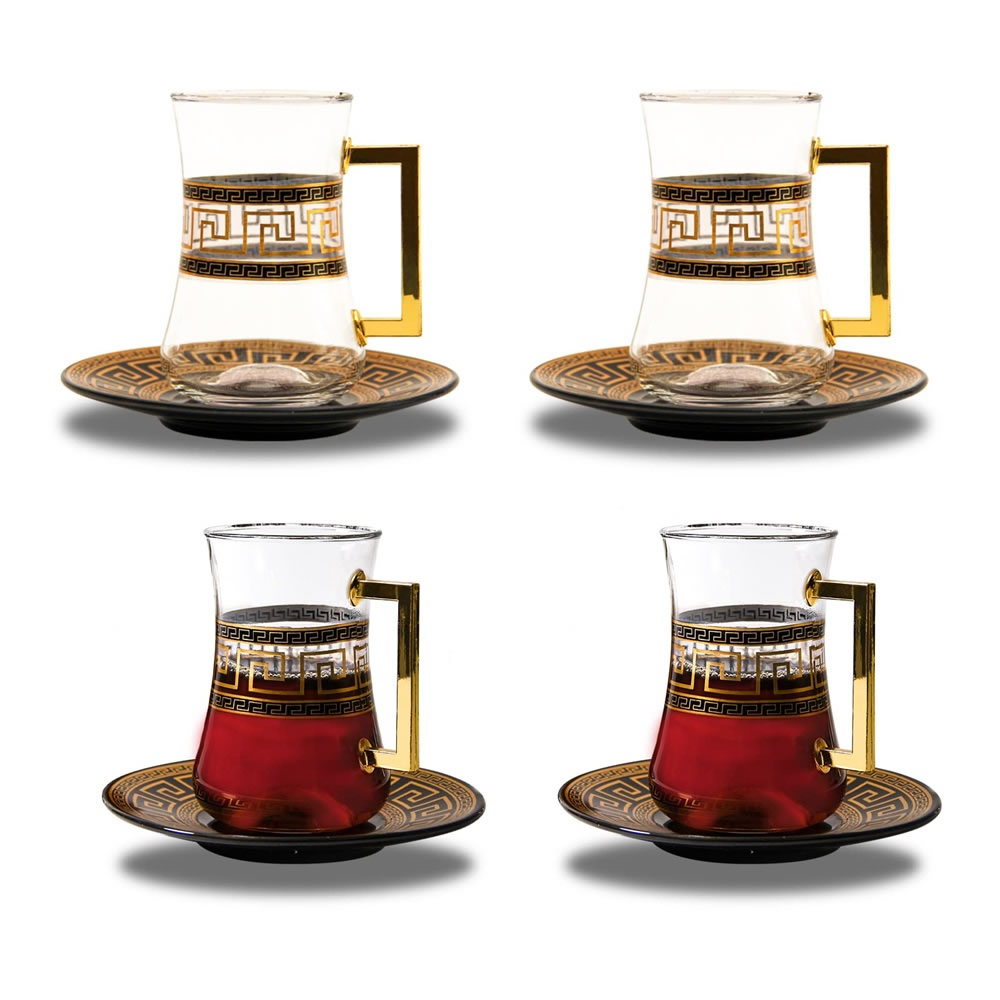 LB 8 Teiliges Türkisches Tee Set, Glas türkische teegläser set mit Untertasse Für 4 Personen, 4 Teegläser, 4 Untersetzer,Komplett-Set，LB27GCH
