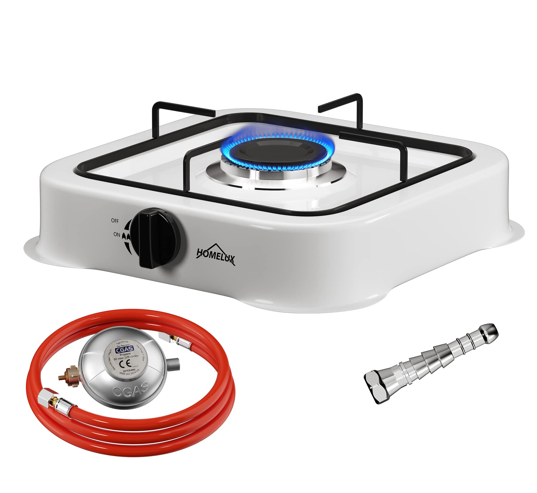 HOMELUX Camping Gas Stove 1 Bulb with 1.5 m Connection Hose and Pressure Regulator 50 mbar High Quality Camping Stove for Gas Bottle - Works with Propane Gas Blackout Emergency Equipment