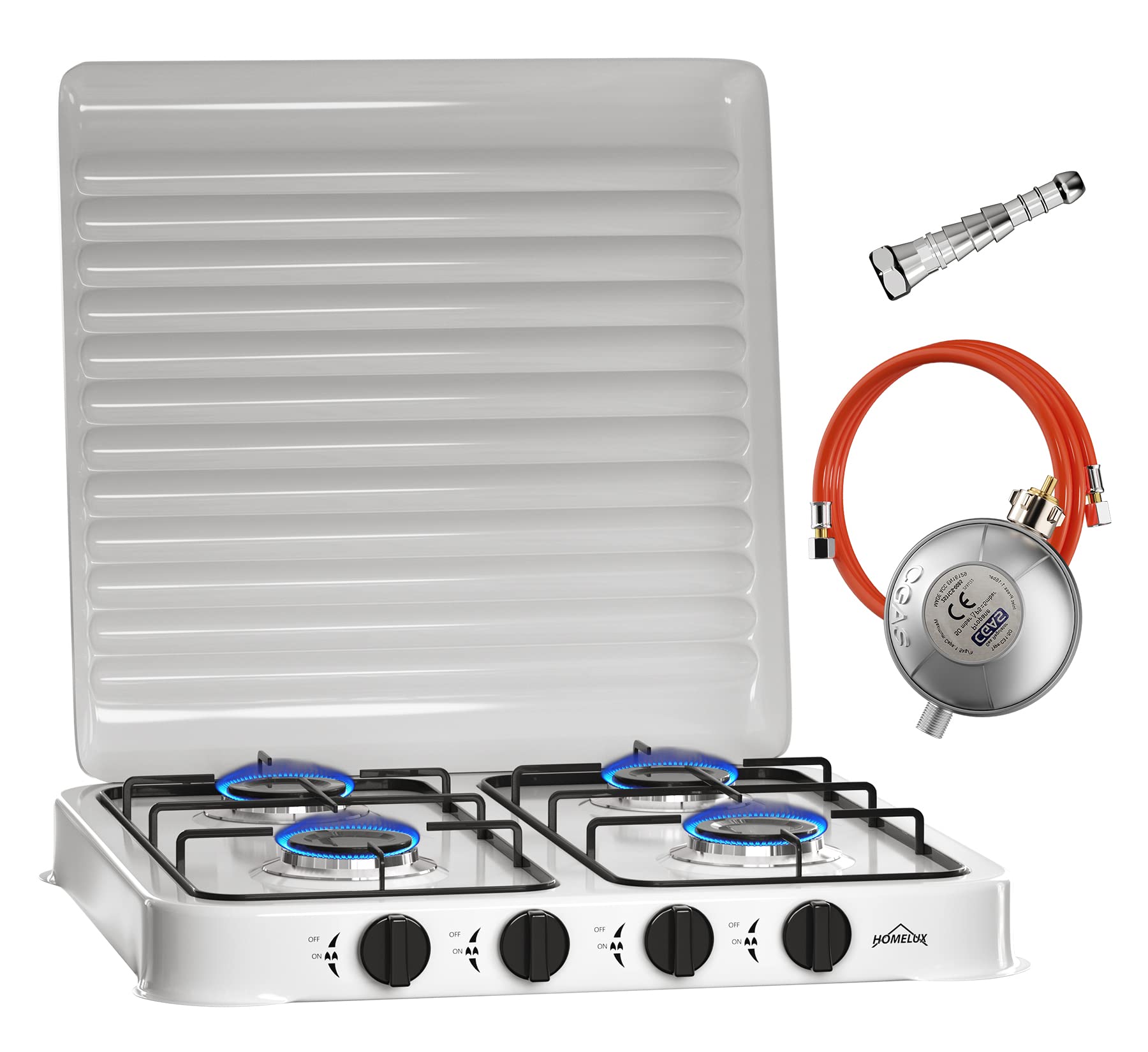 HOMELUX Camping Gaskocher 4-flammig mit 1,5M Anschlussschlauch und Druckminderer 50 mbar- Hochwertiger Campingkocher für Gasflasche – Arbeitet mit Propangas Blackout Notfallausrüstung，AOTE-6004
