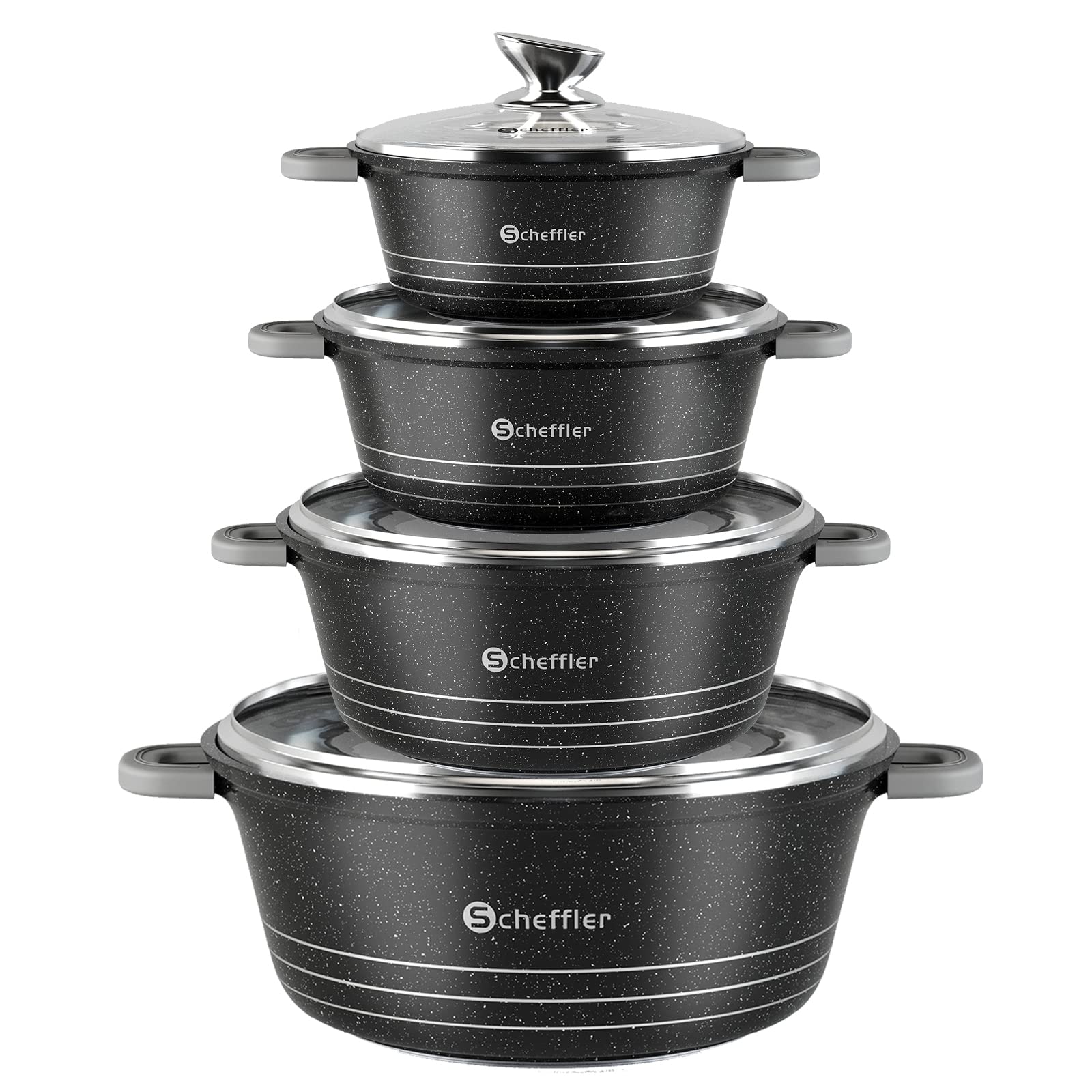 Topfset Scheffler 24cm,4L&28cm,6L&32cm,10L&36cm,14L, Kochtopf Set Induktions Töpfe Set mit Glasdeckel, mit Antihaftbeschichtung, Töpfe kochtöpfe Induktion, Spülmaschinengeeignet，RH-TG1624283236