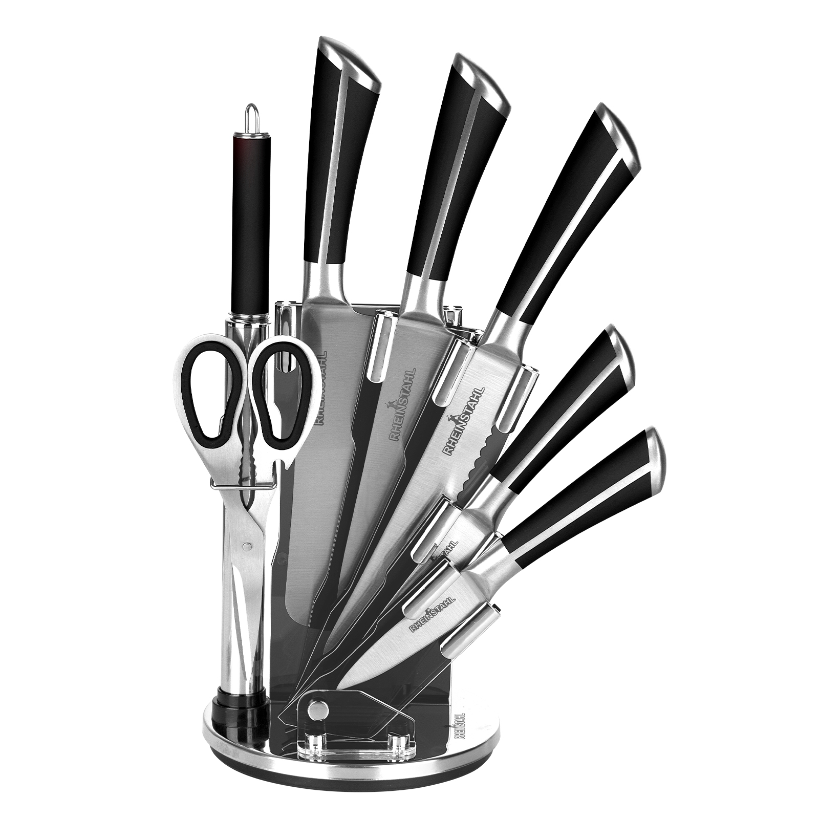 RHEINSTAHL Messerblock mit Messer, 9-tlg Messer Set mit Acrylblockhalter, Scharf Edelstahl Küchenmesser, Kochmesser Set mit Manuellem Anspitzer Schälschere，RH-8P3KSBS