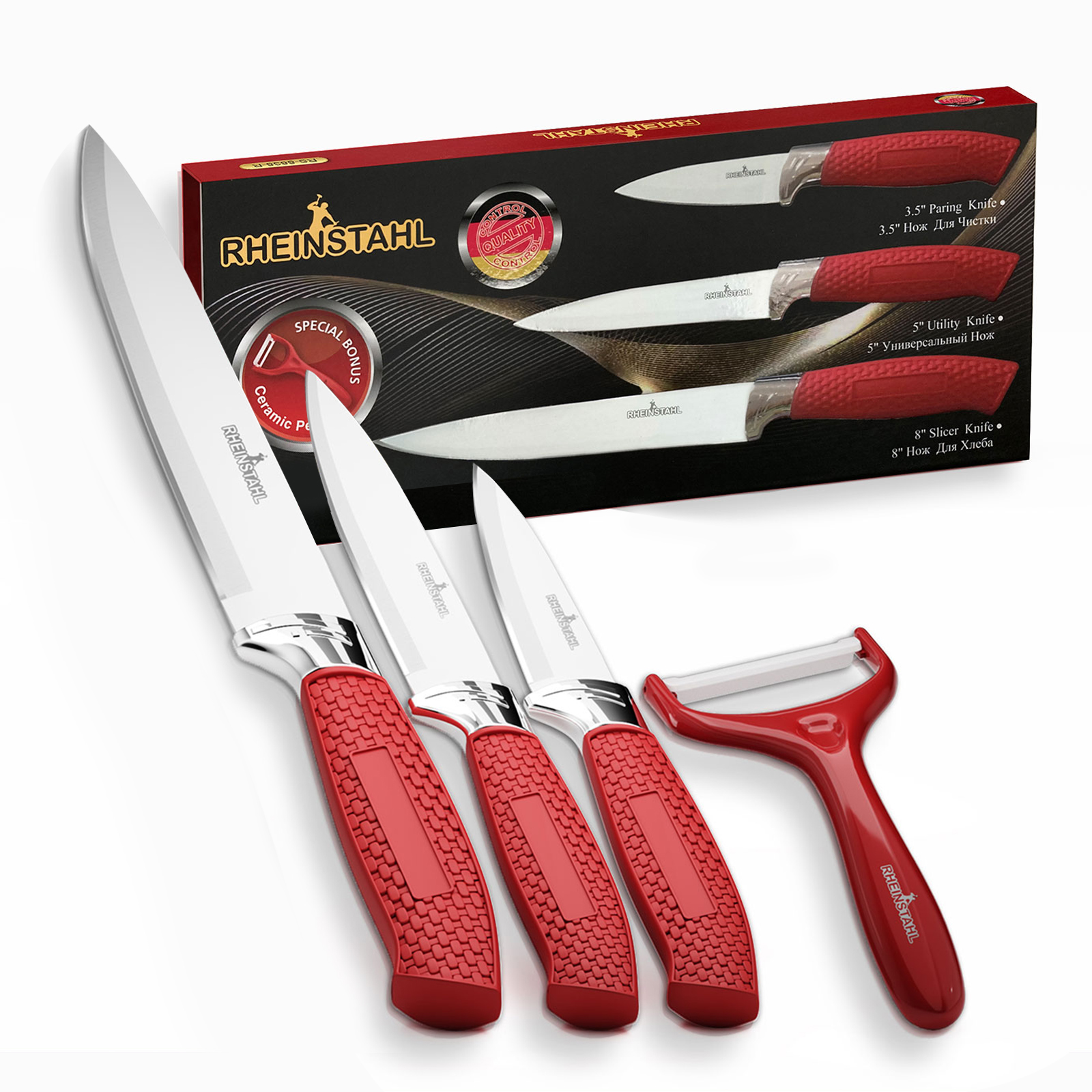 RHEINSTAHL knife set 4-piece stainless steel kitchen knife set with gift box, professional knife set knife set incl. peeler，RS-8838-R
