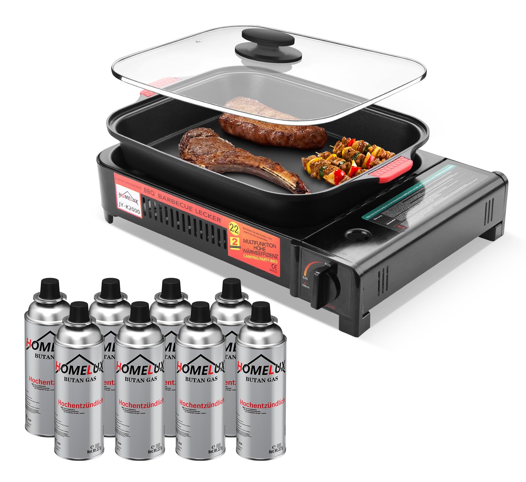 Homelux Camping Gasgrill + Gaskartuschen, 2.2KW Gas Kocher Campingkocher + Grillpfanne + Glasdeckel, Campinggrill BBQ Barbeque Tischgrill (Gasgrill + 8 Gaskartuschen)