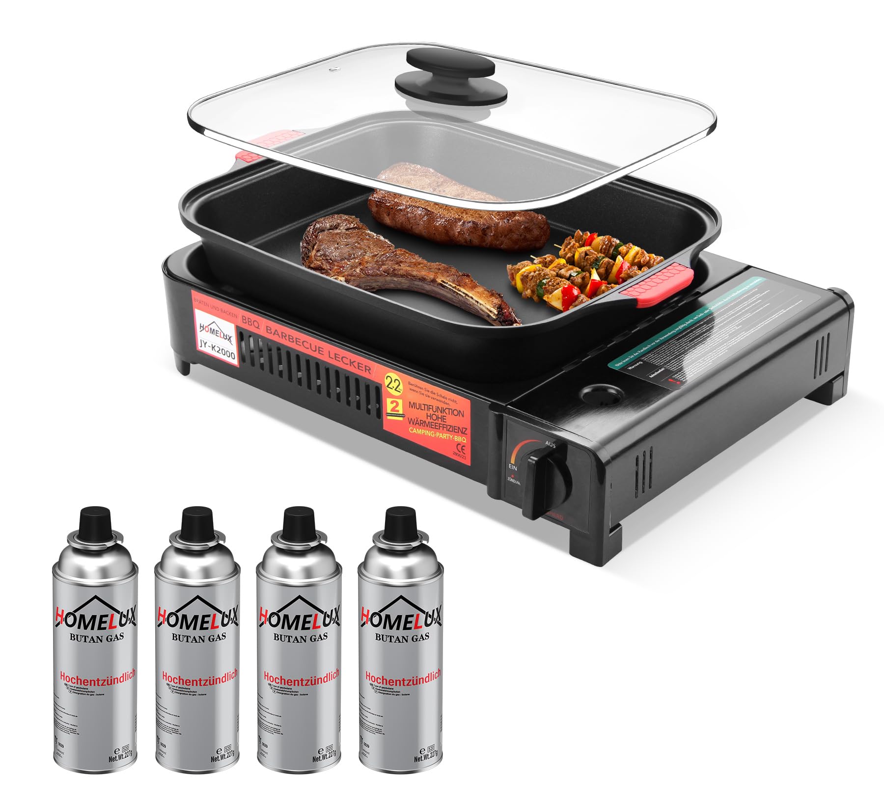 Homelux Camping Gasgrill + Gaskartuschen, 2.2KW Gas Kocher Campingkocher + Grillpfanne + Glasdeckel, Campinggrill BBQ Barbeque Tischgrill (Gasgrill + 4 Gaskartuschen)