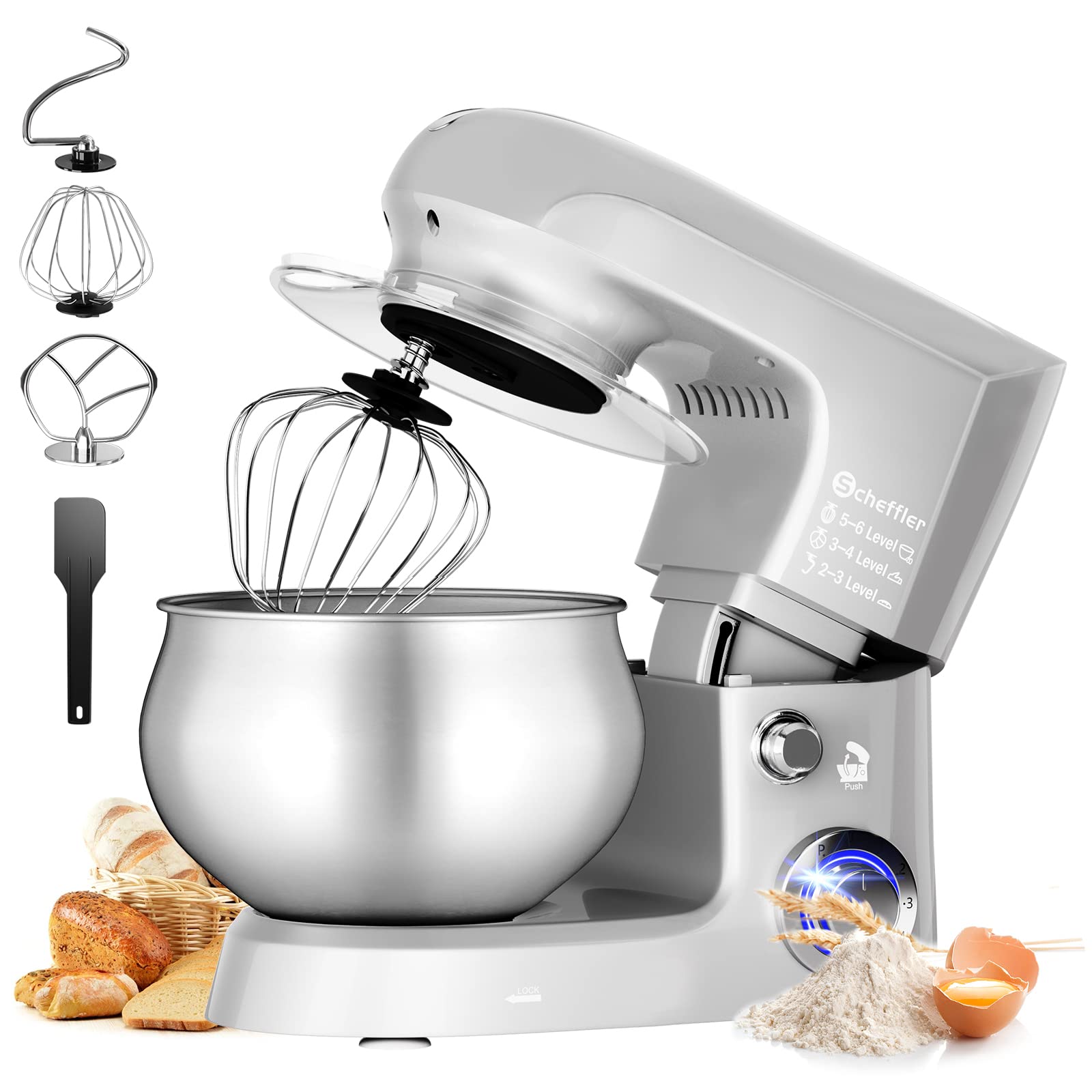 Scheffler 2000 W Food Processor, 5 L Stainless Steel Bowl Kneading Machine with 6 Speed Levels, Dough Machine with Whisk, Dough Hook, Bat and Splash Guard SC 637 Silver