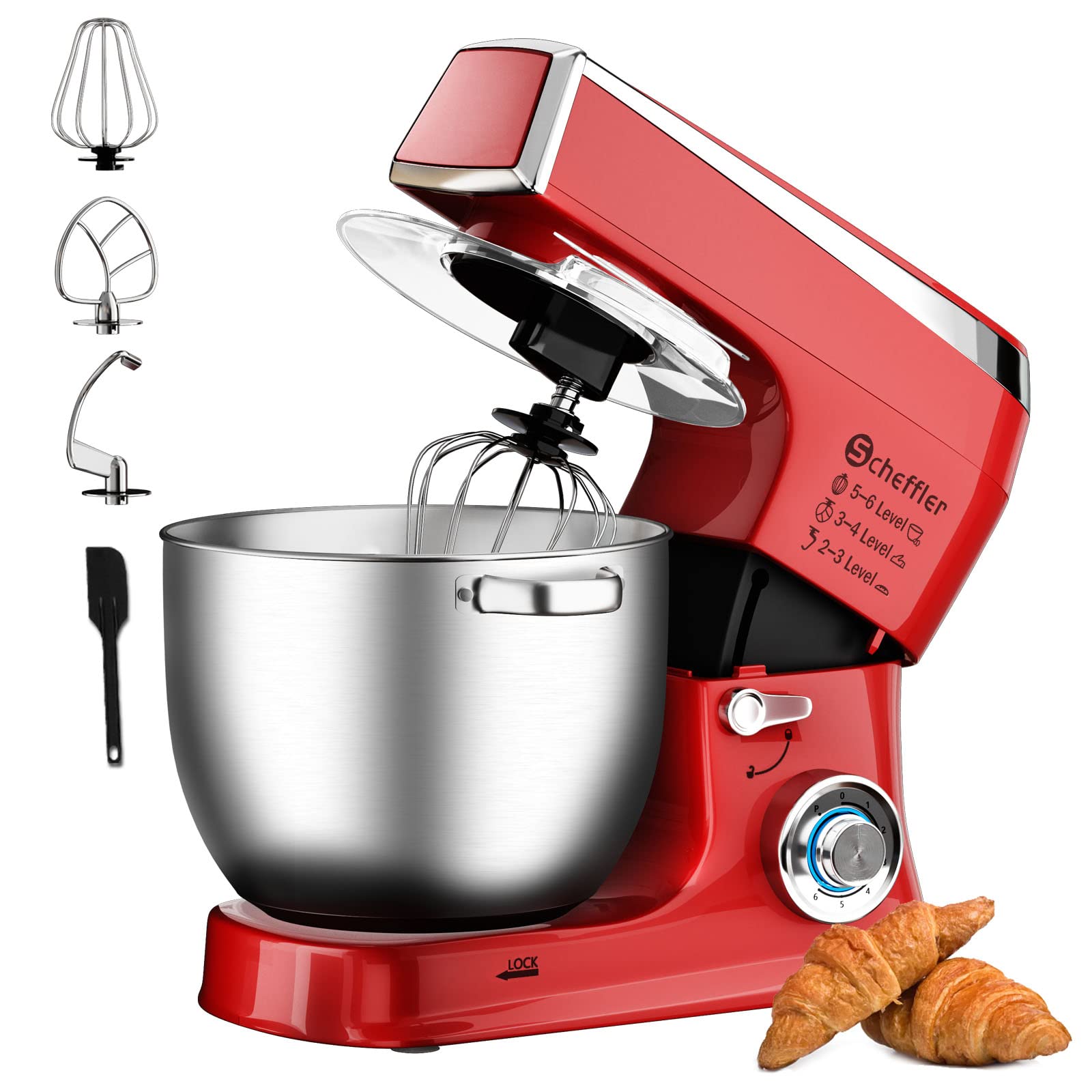 Scheffler SC-266 Food Processor 2000 W Kneading Machine, 7.5 L Food Processor, Dough Machine, 6 Speeds, 8 Other Accessories Included, Dough Hook, Flat Stirrer, Whisk (Red)