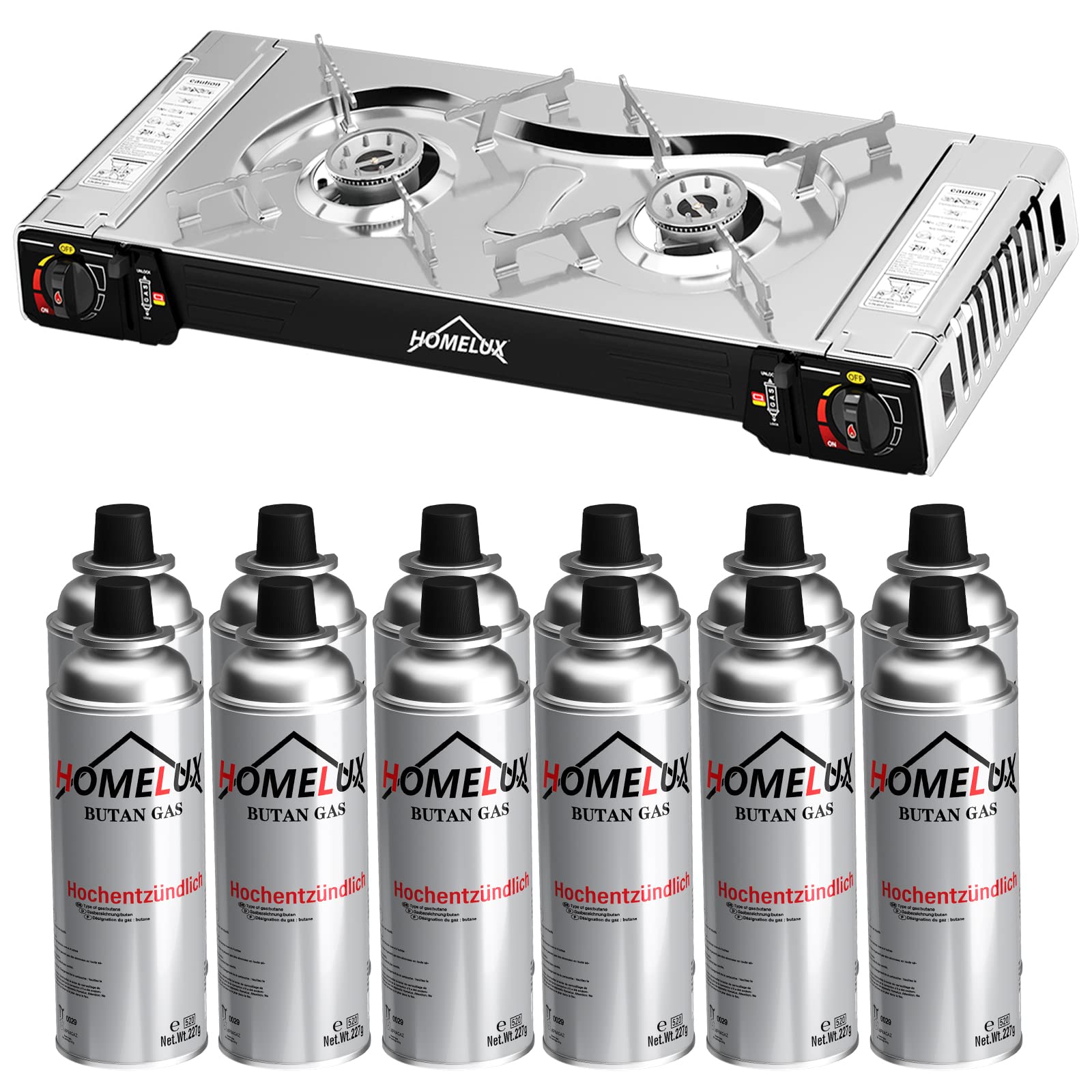 HOMELUX Gaskocher Edelstahl Campingkocher 2 flammig für Grill Camper im Outdoor Camping - Silber (1 Edelstahl 2 flammig gaskocher+12 Gaskartuschen)