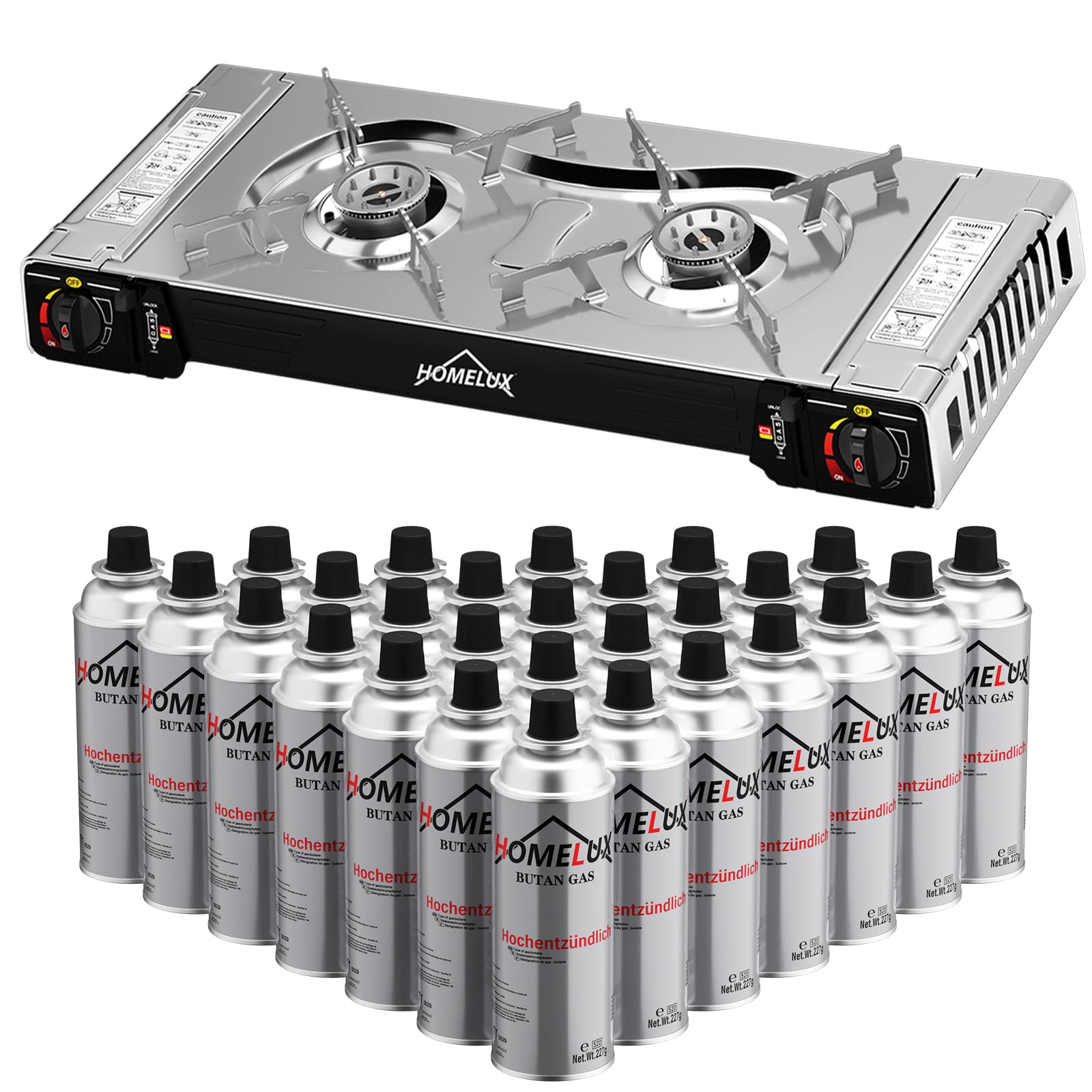 HOMELUX Gaskocher Edelstahl Campingkocher 2 flammig für Grill Camper im Outdoor Camping - Silber (1 Edelstahl 2 flammig gaskocher+28Gaskartuschen)