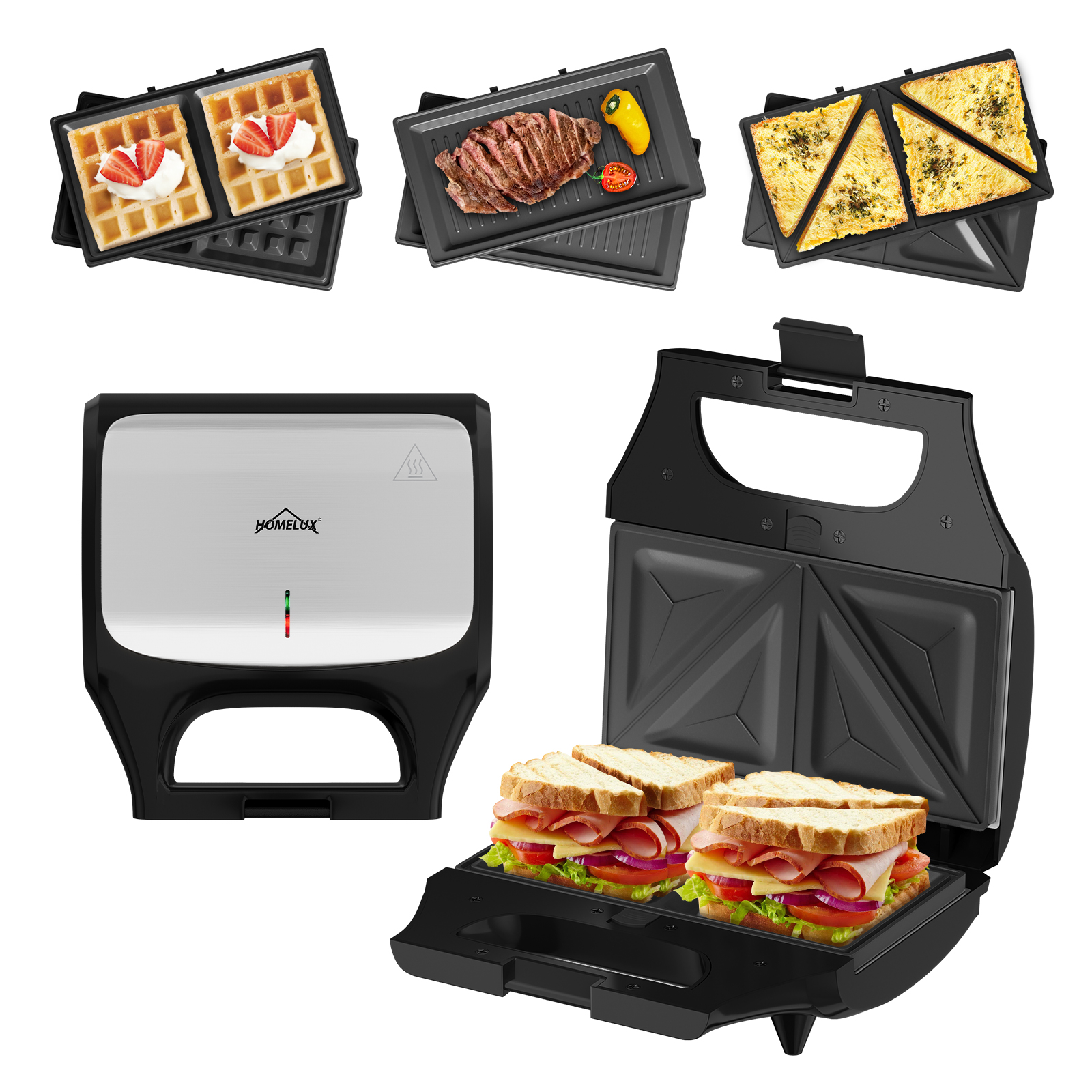HOMELUX Sandwichmaker 3-in-1 Waffeleisen 800W Kontaktgrill Antihaftbeschichteter Einstellbare Temperatur 3 Abnehmbare Platten für 2 Sandwichtoasts 10cm Waffeln Weihnachten Kindergeburtstage Familienfeiern， ZM-237B