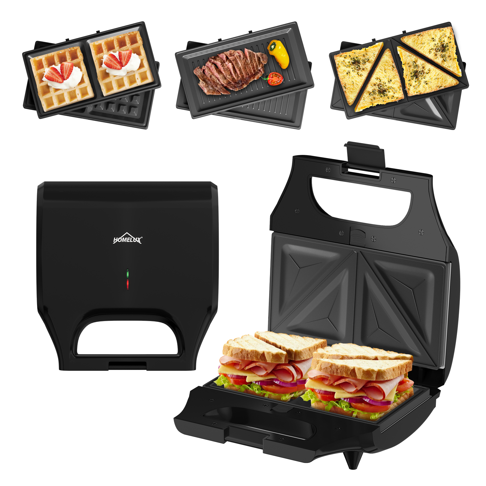 HOMELUX Sandwichmaker 3-in-1 Waffeleisen 800W Kontaktgrill Antihaftbeschichteter Einstellbare Temperatur 3 Abnehmbare Platten für 2 Sandwichtoasts 10cm Waffeln Weihnachten Kindergeburtstage Familienfeiern Schwarz， ZM-237