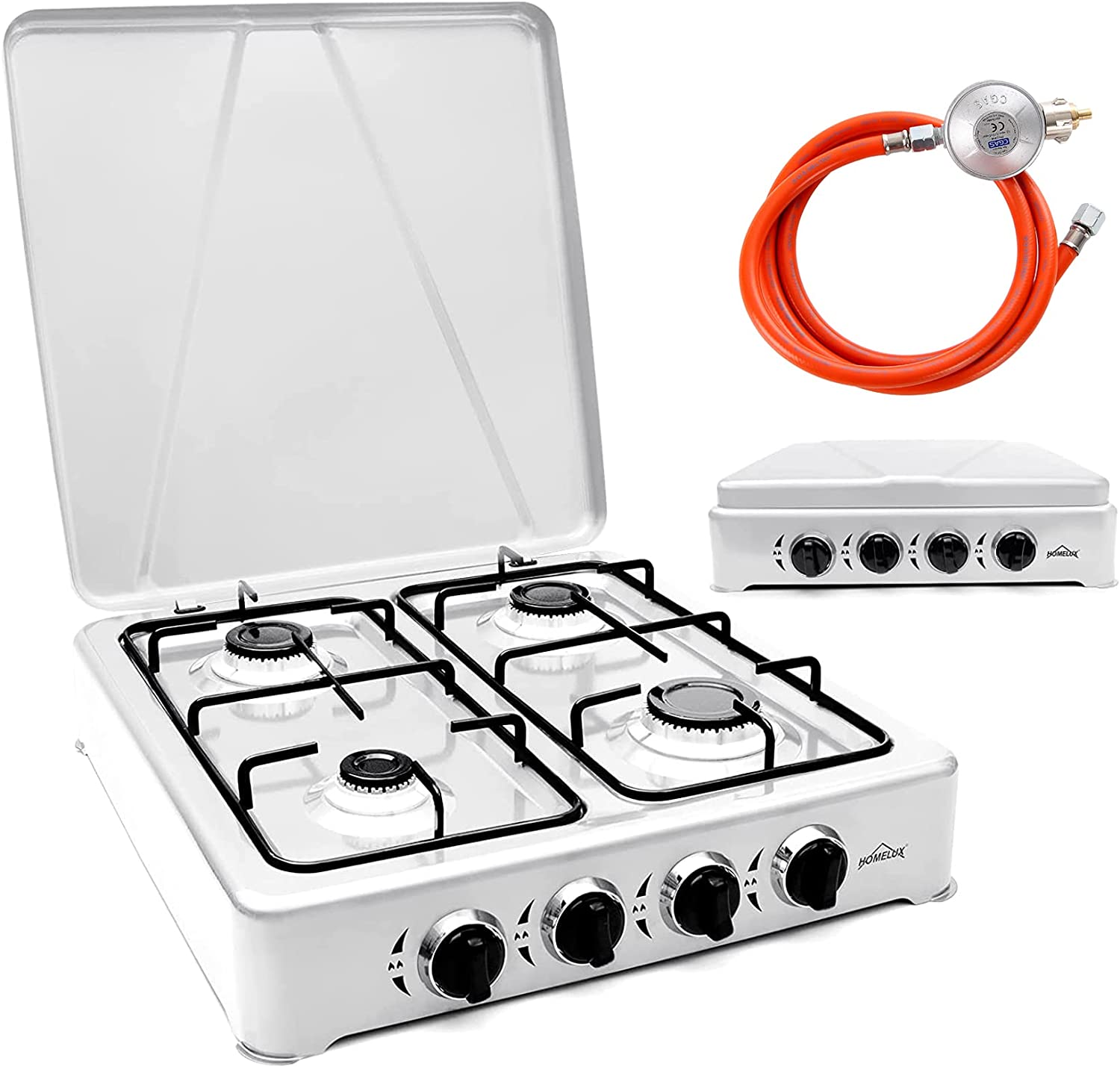 HOMELUX 6,2 KW Gaskocher für Gasflasche, 4 flammig Campingkocher mit 150cm Gasschlauch, Kochfeld Kocher mit Deckel Herd Gas Outdoor, white+gashoesen