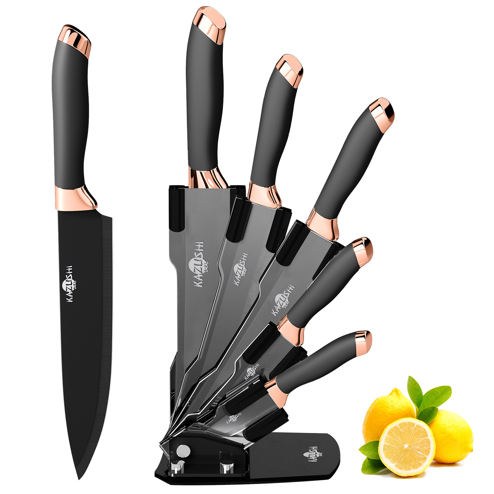 KAZUSHI knife block with knives 6-piece, sharp kitchen knives, professional knife set with block, stainless steel knife set - black (KA-KN61)