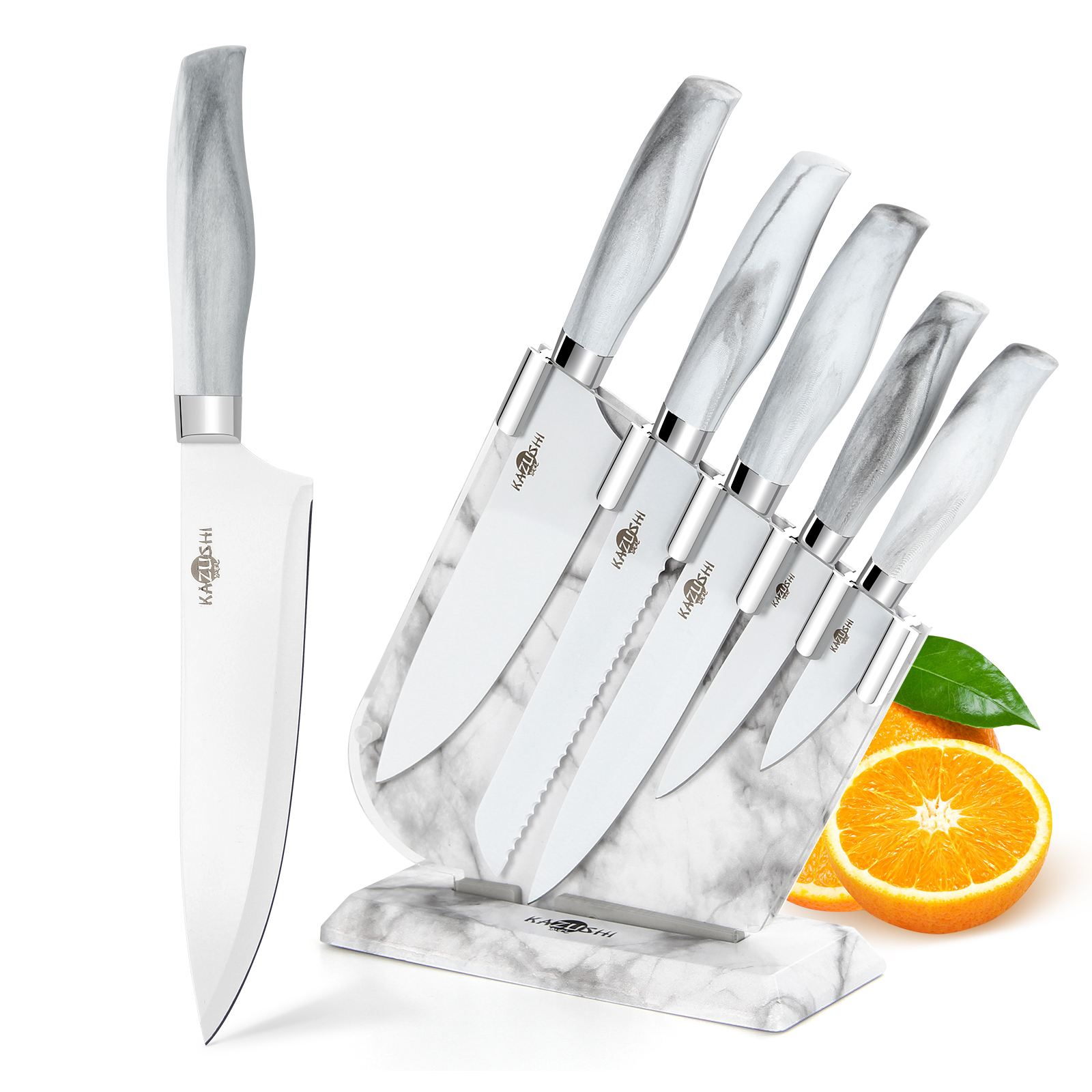 KAZUSHI Messerblock mit Messer 6-teilig, Weiß Scharfe Küchenmesser, Profi Messerset mit Block, Edelstahl Messer Set (KA-KN64)