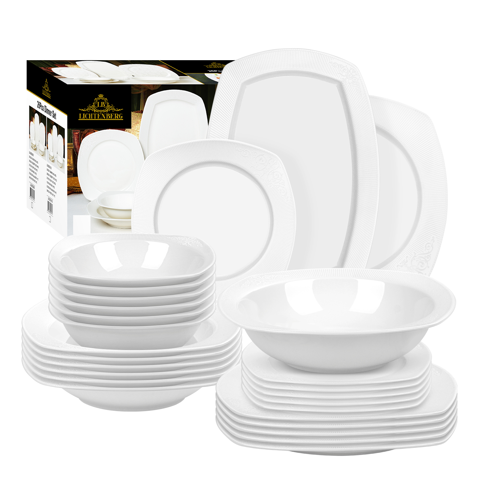 LB Geschirrset 26-Teiliges Fur 6 Personen, Tafelservice, Essservice aus Porzellan, Aufwendige Gestaltung, Qualitätsporzellan, Haltbar,26DS3103