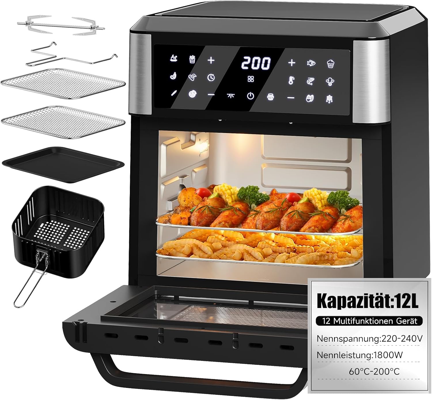 Heißluftfritteuse 12L mit LED-Touchscreen,12 Kochprogramme,Heißluftfritteuse mit drehfunktion,Temperaturregelung 60-200°C,Airfryer XXL mit 6 Zubehör,Heißluftofen, Minibackofen(AF50112DS)
