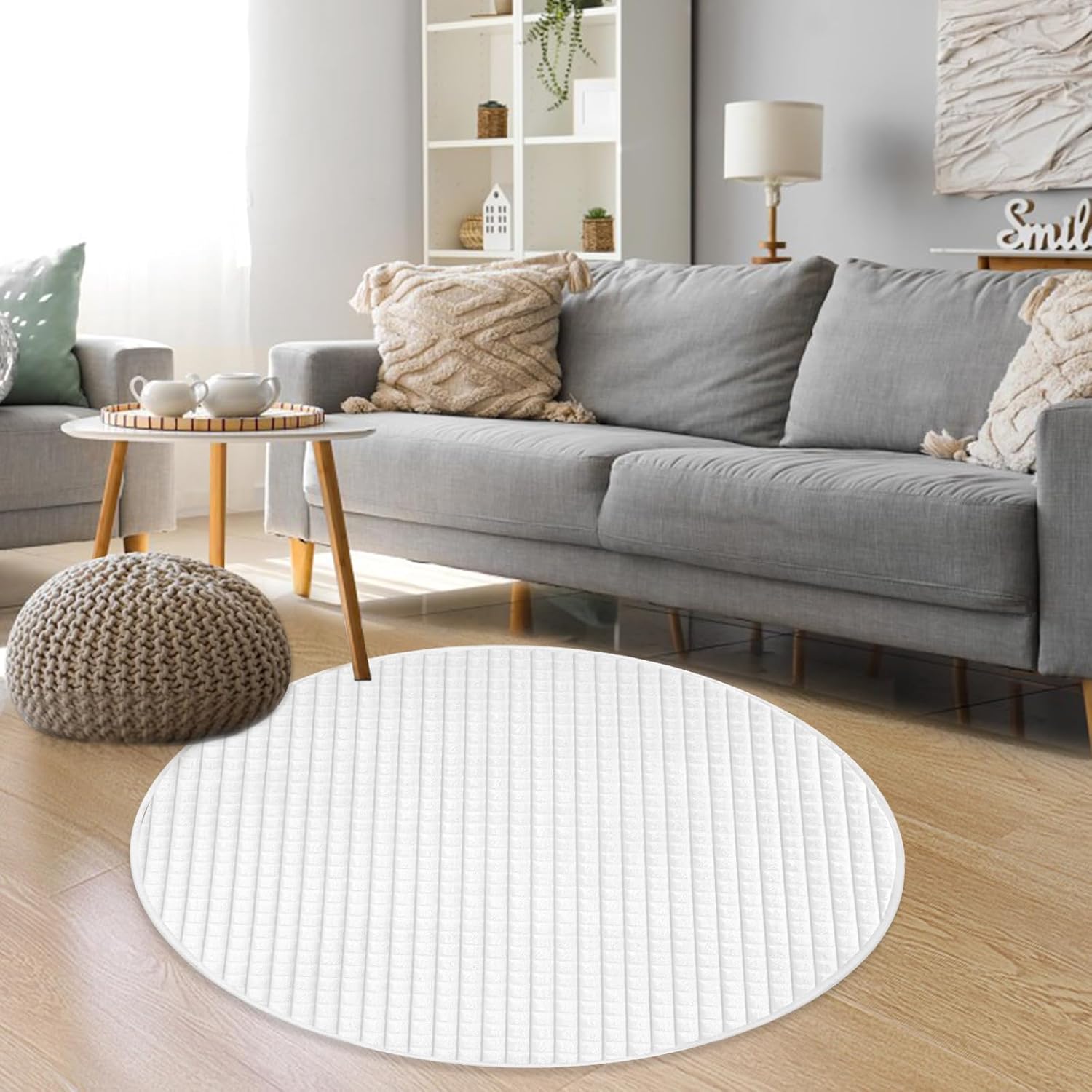 HOMELUX Teppich Wohnzimmer Rund ø 120 cm Flauschig Fellteppich Kunstfell Weiß Teppich Schlafzimmer Weich mit 3D Effekt, Pflegeleichtigkeit, Modernes Einfarbiges Design, Für Fußbodenheizung Geeignet
