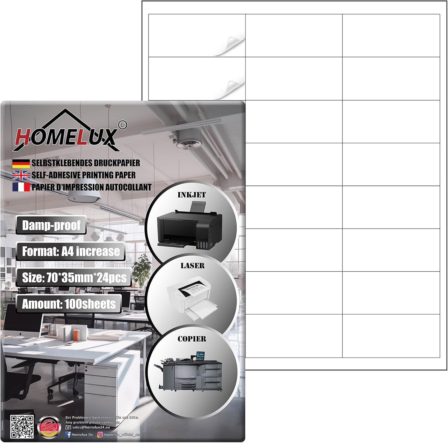 Homelux Universal-Etiketten A4-100 Blatt, 24 pro Blatt, matt, selbstklebende Etiketten, Bedruckbare Etiketten, kompatibel mit Tintenstrahl- und Laserdruckern(HL-LL100)