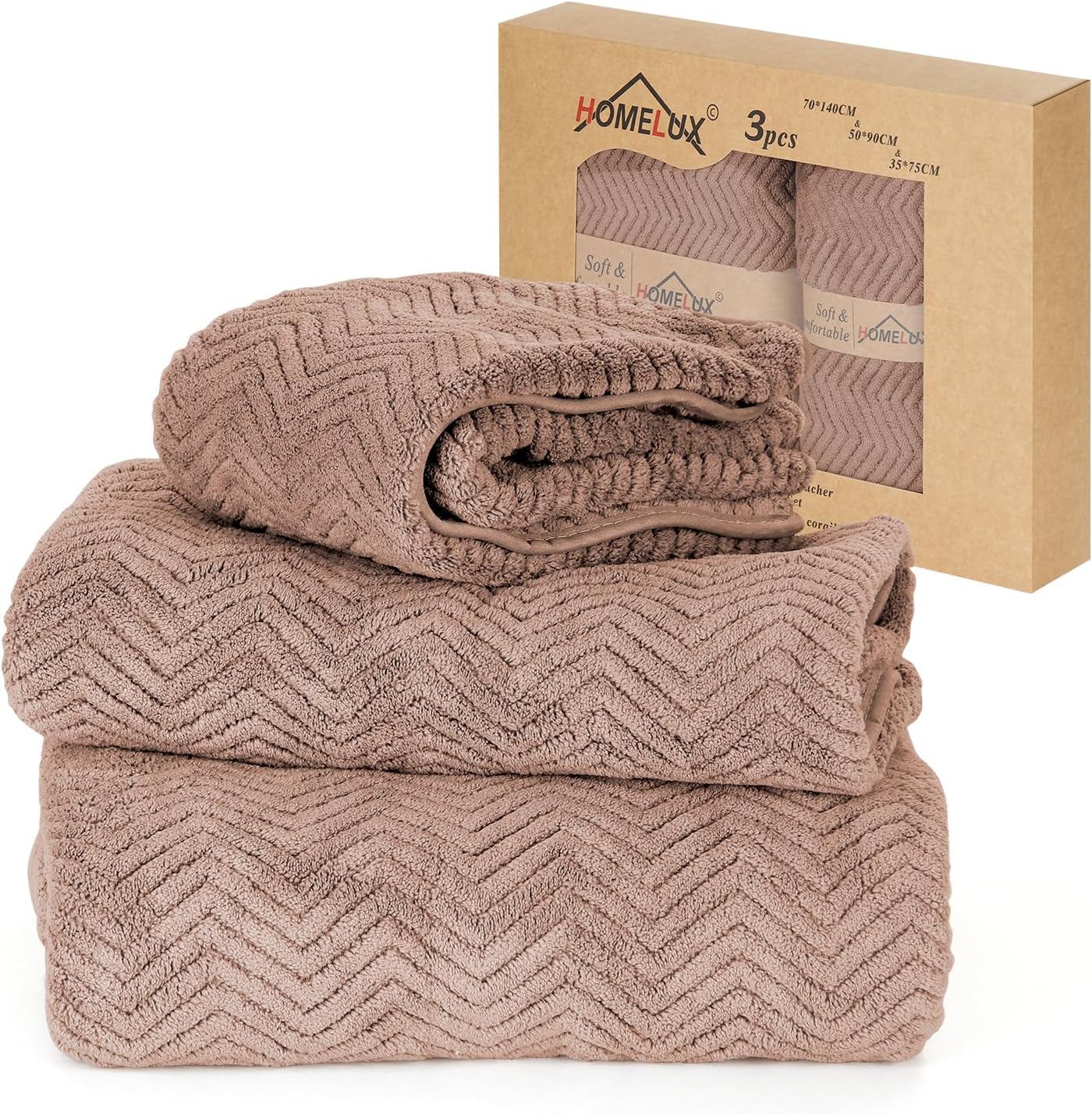 HOMELUX Handtücher Set 3 teilig Badetuch *1（70 * 140 cm）+ Towel *2（50 * 90 + 35 * 75 cm） saugstarkes Frottiertücher Set - Handtücher, braun