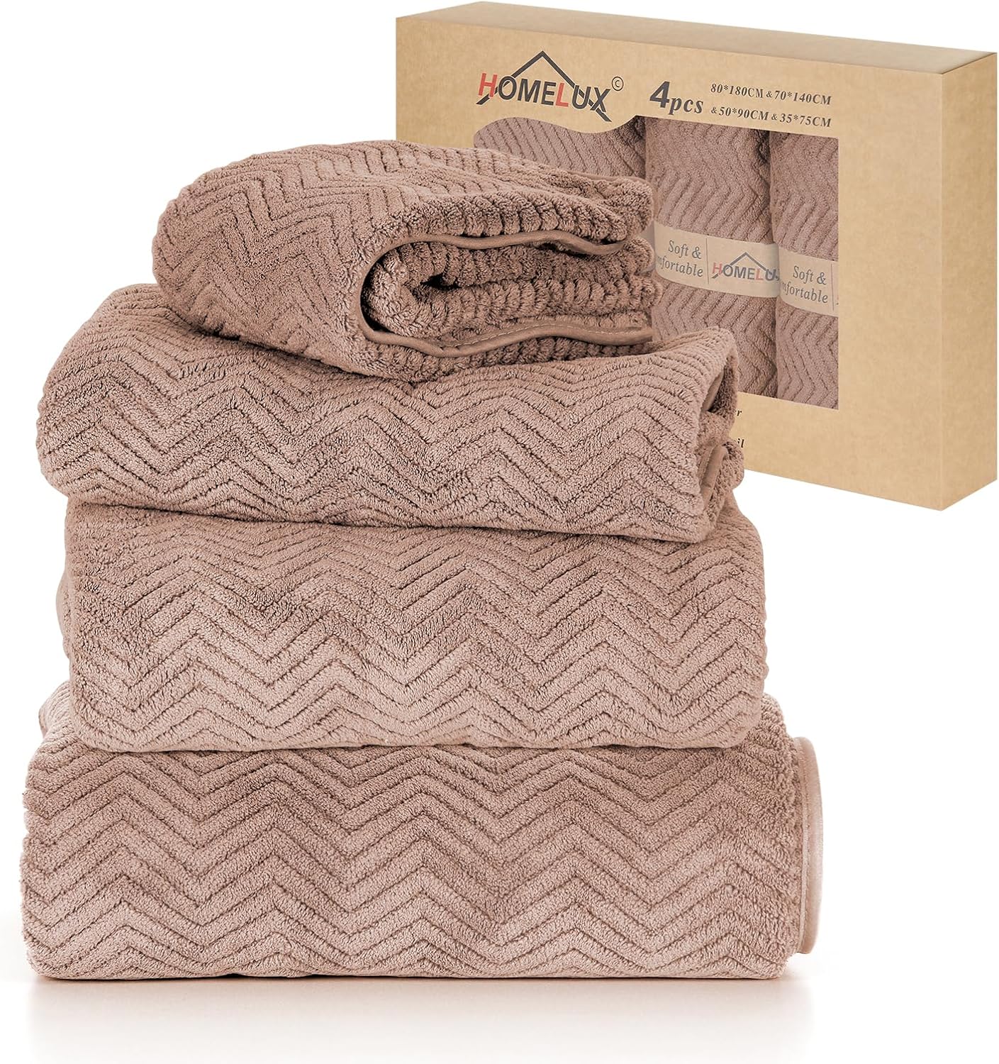 HOMELUX Handtücher Set 4 teilig Badetuch *2（80 * 180 + 70 * 140 cm）+ Towel *2（50 * 90 + 35 * 75 cm） saugstarkes Frottiertücher Set - Handtücher, braun