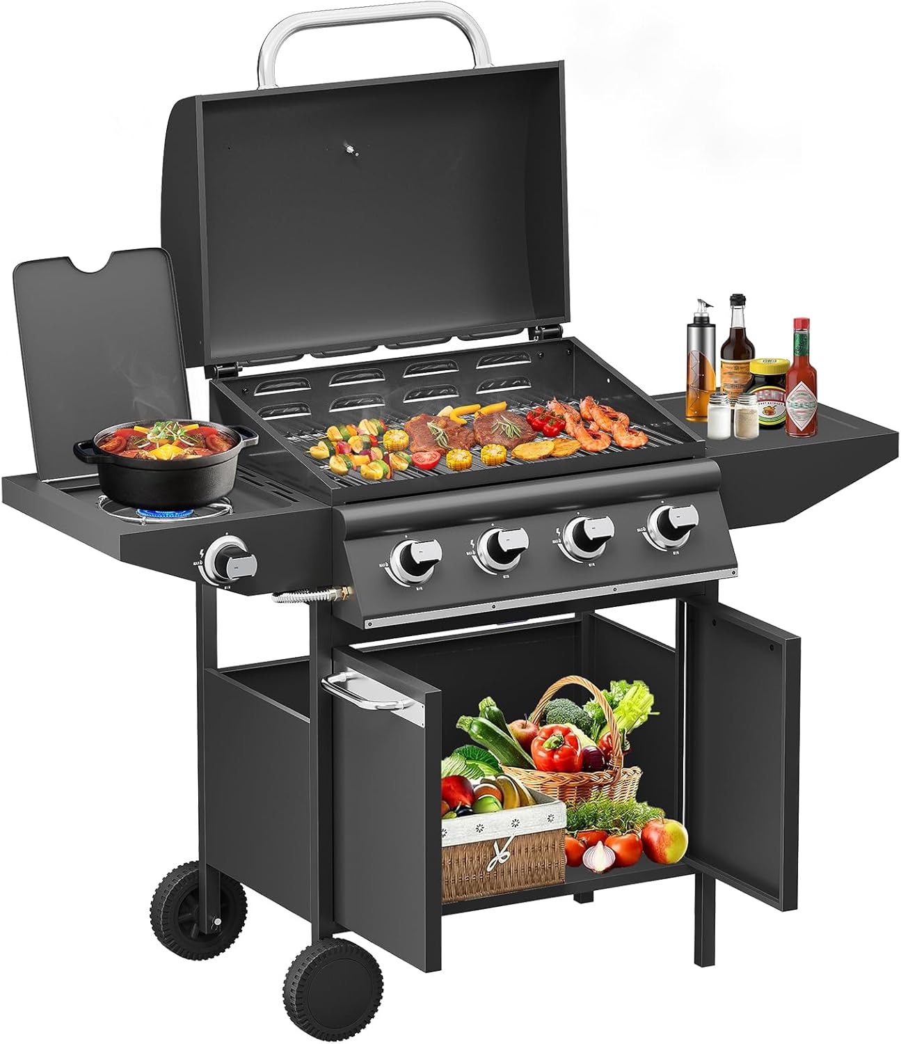 15KW Gasgrill 4+1 BBQ Grillwagen Seitenkocher Grill mit Deckel Edelstahl Brenner(Gasgrill-LX-B410)