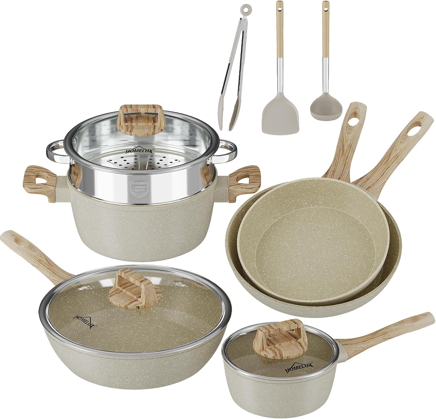 12 tlg Topfset Induktion mit Deckel Dampfgarer Kochtöpfe und Pfannenset Antihaft(12pcs Cookware Set-HL-12PCWBG)