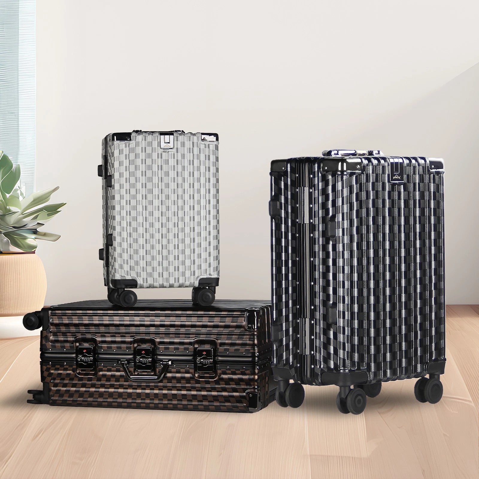 3-piece aluminum frame suitcase set travel suitcase hard shell suitcase trolley M/L/XL set（HL-2401CF3S/HL-2401BK3S/HL-2401BG3S）