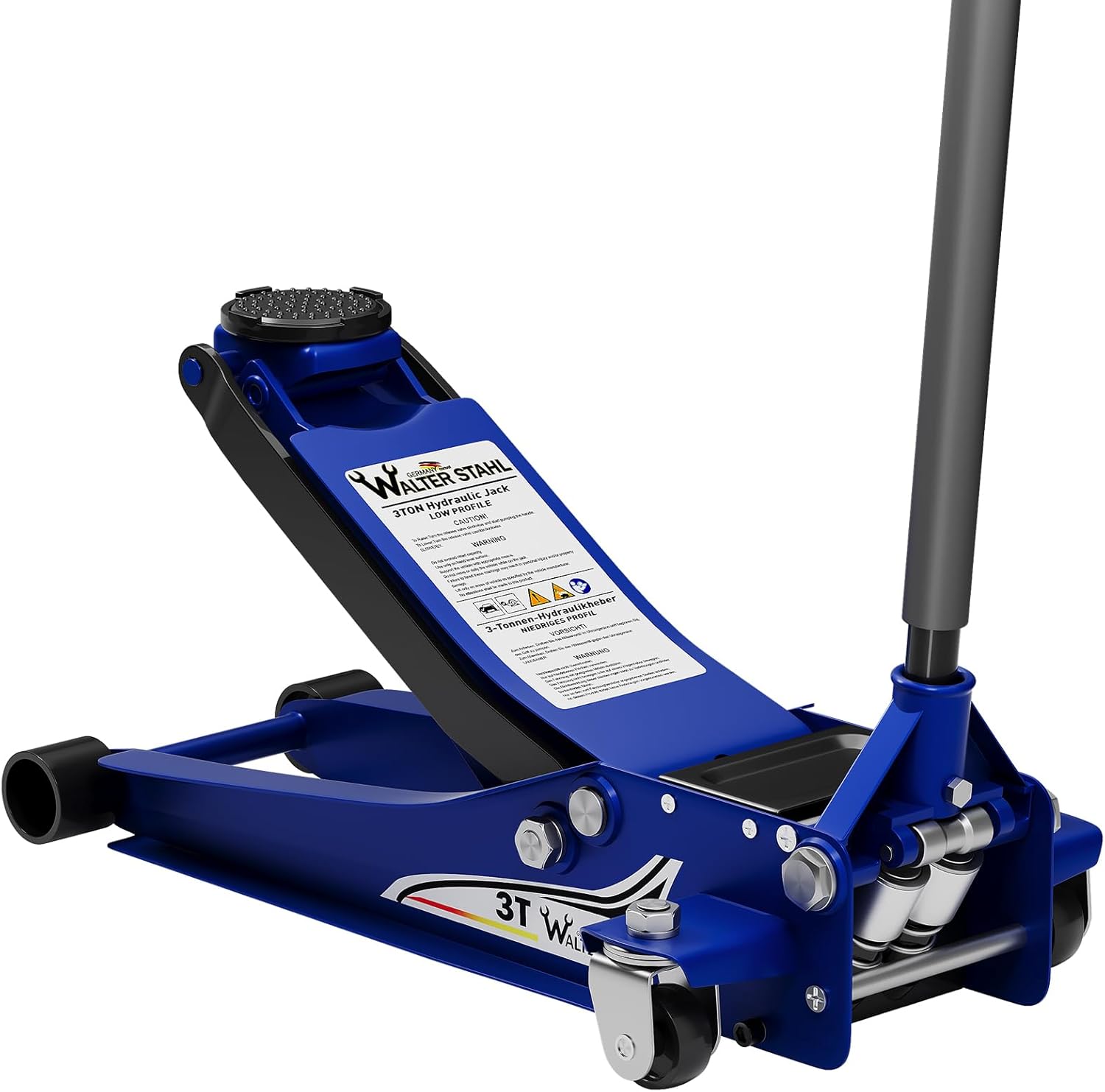 Walter Stahl 3T Hydraulischer Wagenheber Flache Hubhöhe 75-500mm, Profi Rangierwagenheber hydraulischer Autos Heber mit Doppelpumpsystem Doppelkolben 360° Rollen Gummiauflage für Extra Stabil
